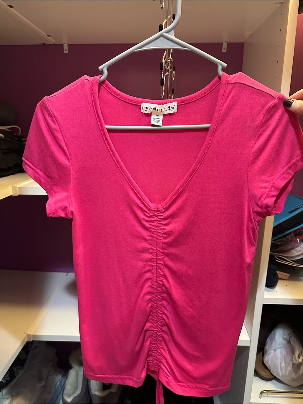 eye candy Hot Pink Ruched V-Neck Short Sleeve Top
